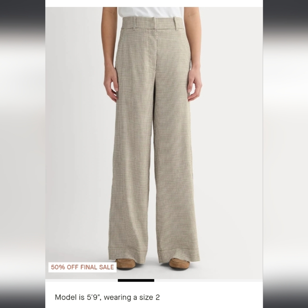 NWT Everlane Wide-Leg Pants in Stretch Linen, Deep Taupe Mini Gingham, Size 8 - Picture 3 of 14
